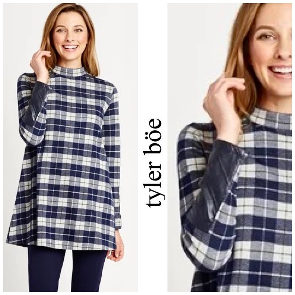 NWT Tyler Boe Plaid Full Sleeve Faux Leather Trim Tunic XS - Picture 2 of 12